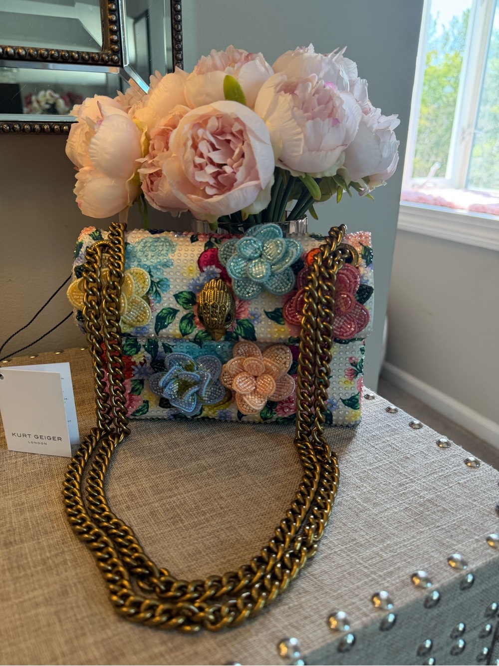 Kurt Geiger Multicolor Beaded Floral Shoulder Bag with Gold Chain - Picture 3 of 11